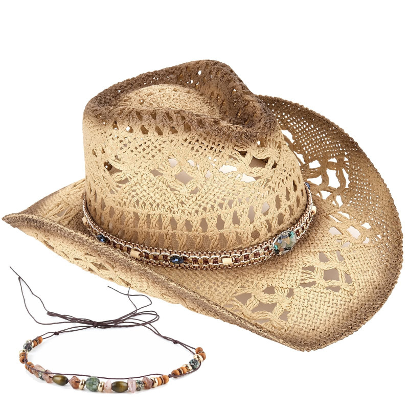 Straw Cowboy Hat with Decorative Bands – Unisex Western Sun Hat